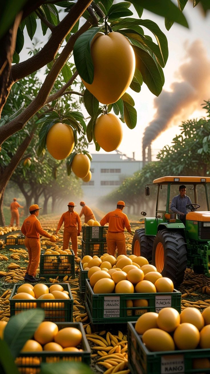 Bulk procurement — mango harvest crated for processing at sunset