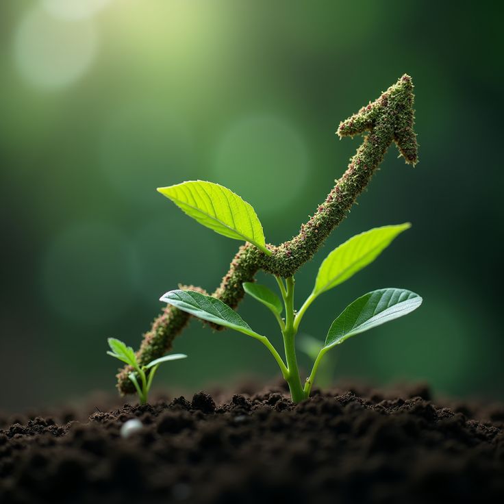 Sapling rising on a green-bokeh background as a symbol of sustainable growth