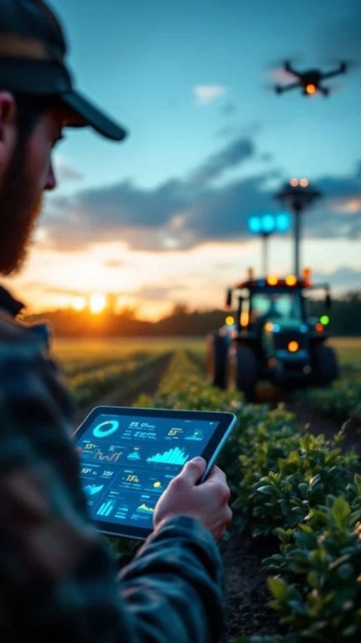 Farmer reviewing dashboards on a tablet with autonomous tractor at dusk